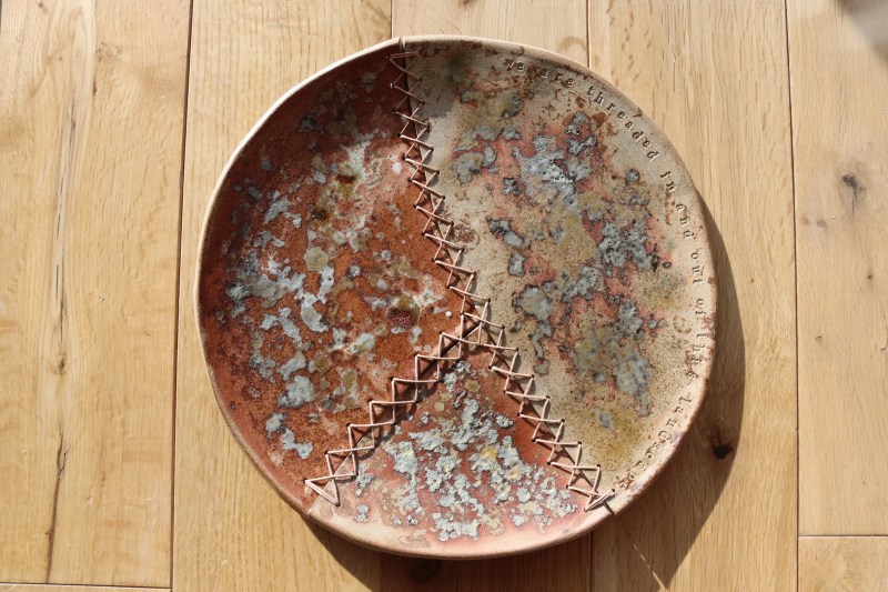 ceramics; threaded; Fran Farrar; pottery; experimental glaze; stitched; stoneware