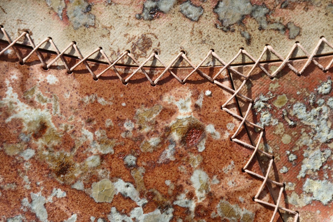 pottery; experimental glaze; Fran Farrar; threaded; stitched; stoneware