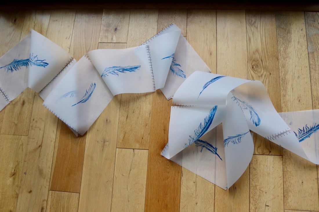 monotype; printmaking; Fran Farrar; printing; feathers; installation art