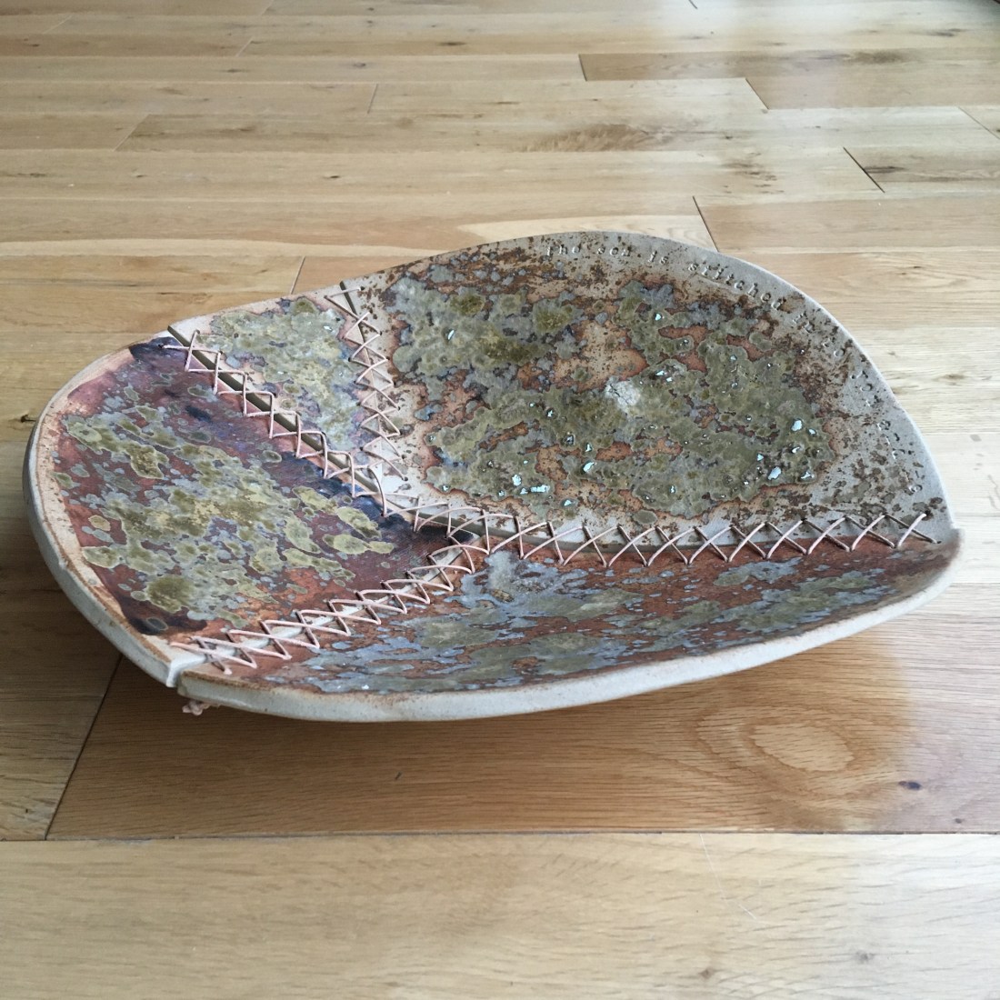 pottery; experimental glaze; stoneware; Fran Farrar; stitched; seaweed; shells