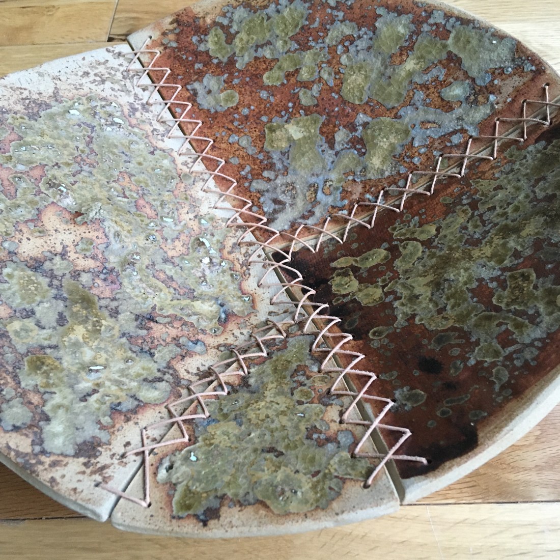 pottery; experimental glaze; stoneware; Fran Farrar; stitched; seaweed; shells